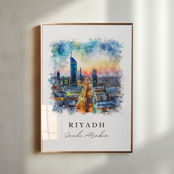 Riyadh Saudi Arabia Watercolor Sunset Skyline Kingdom Tower City Travel Poster