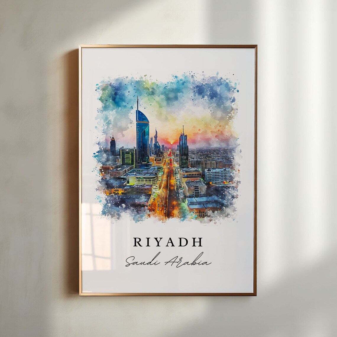 Riyadh Saudi Arabia Watercolor Sunset Skyline Kingdom Tower City Travel Poster