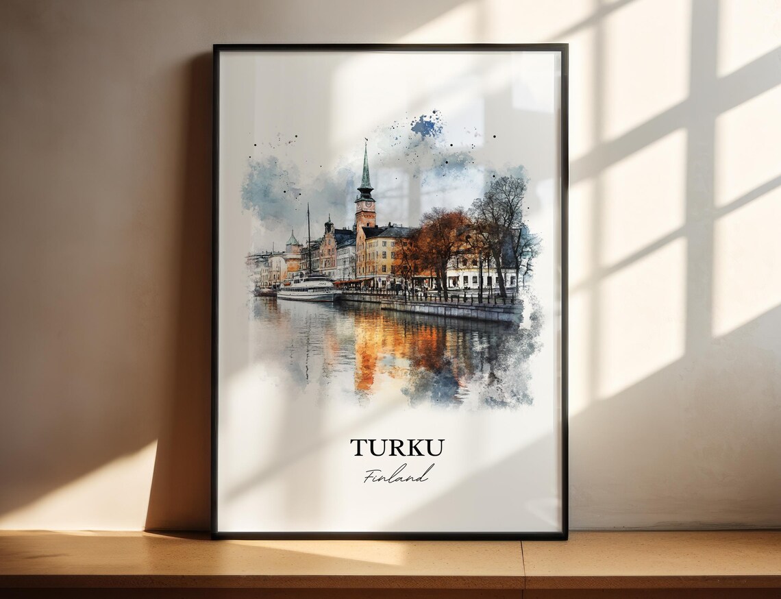 Turku Finland Riverside Old Town Watercolor Skyline Travel Art Poster