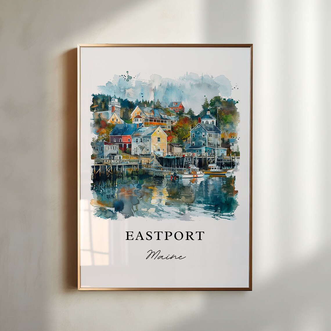 Eastport Maine Colorful Harbor Village Waterfront Watercolor Poster
