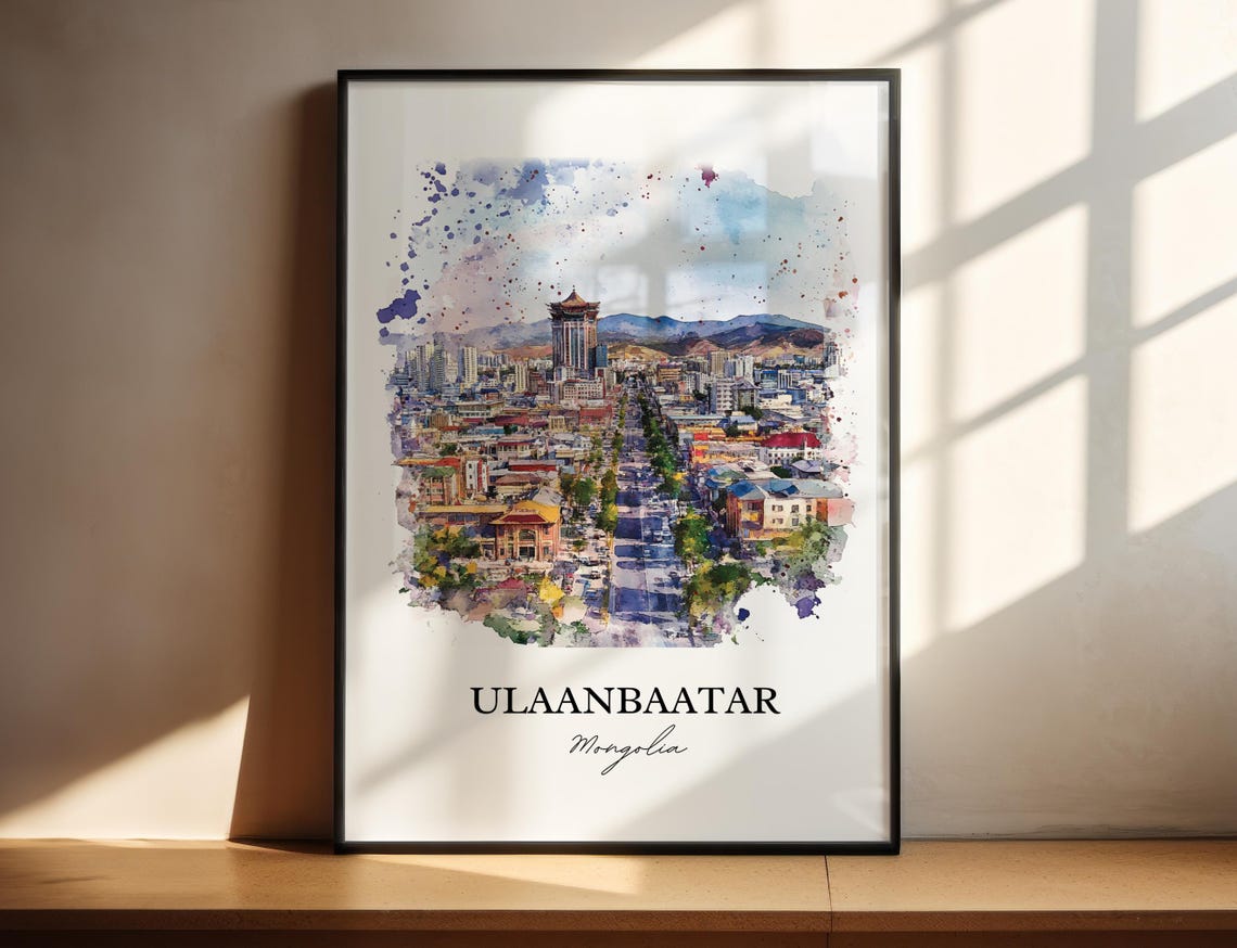 Ulaanbaatar Mongolia Watercolor Capital City Skyline Panorama Poster