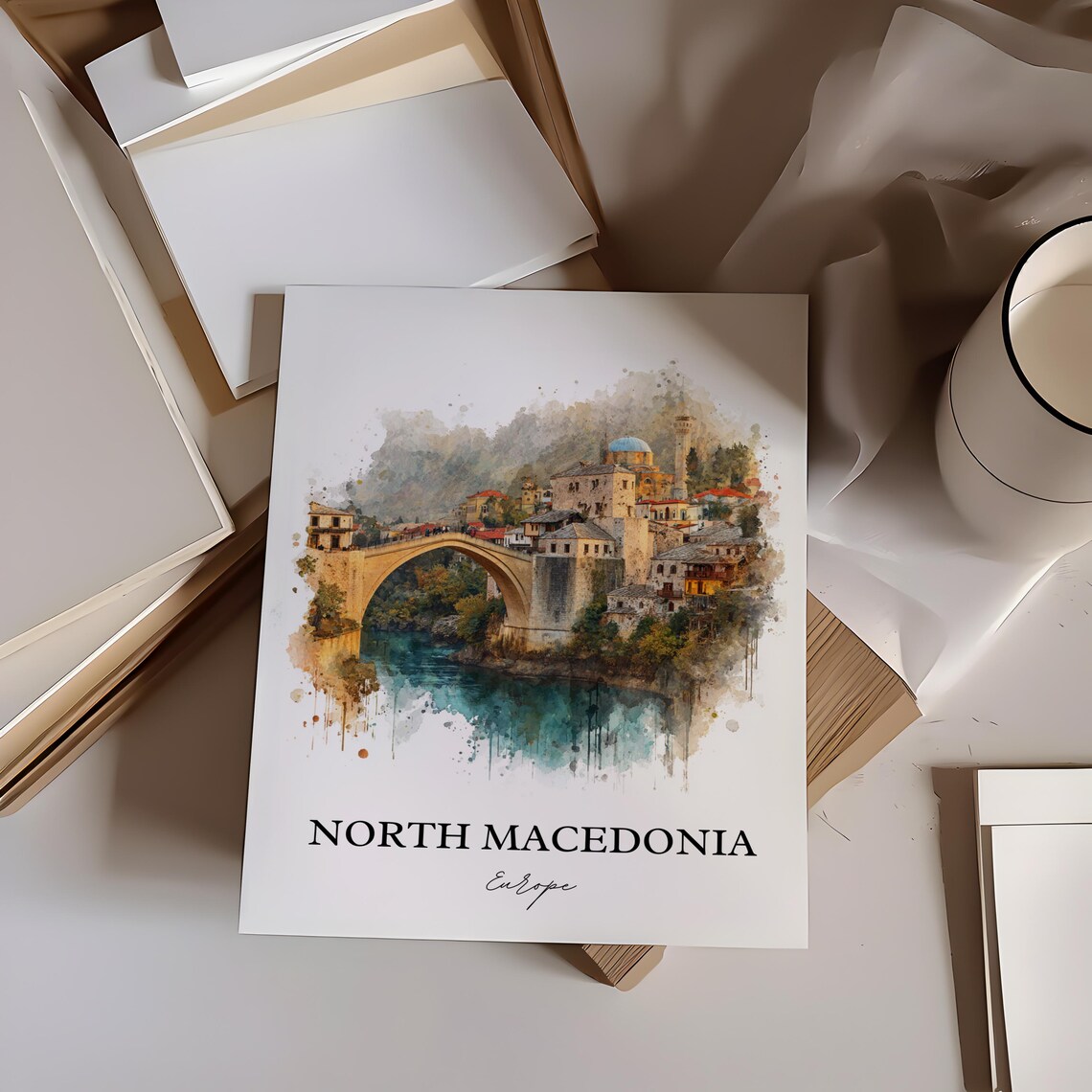 North Macedonia Europe Old Stone Bridge Watercolor Travel Poster - Image 2