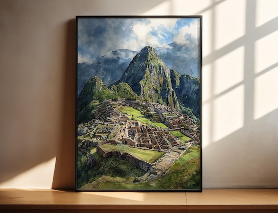 Machu Picchu Watercolor Travel Poster Peru Inca Ruins Mountain View