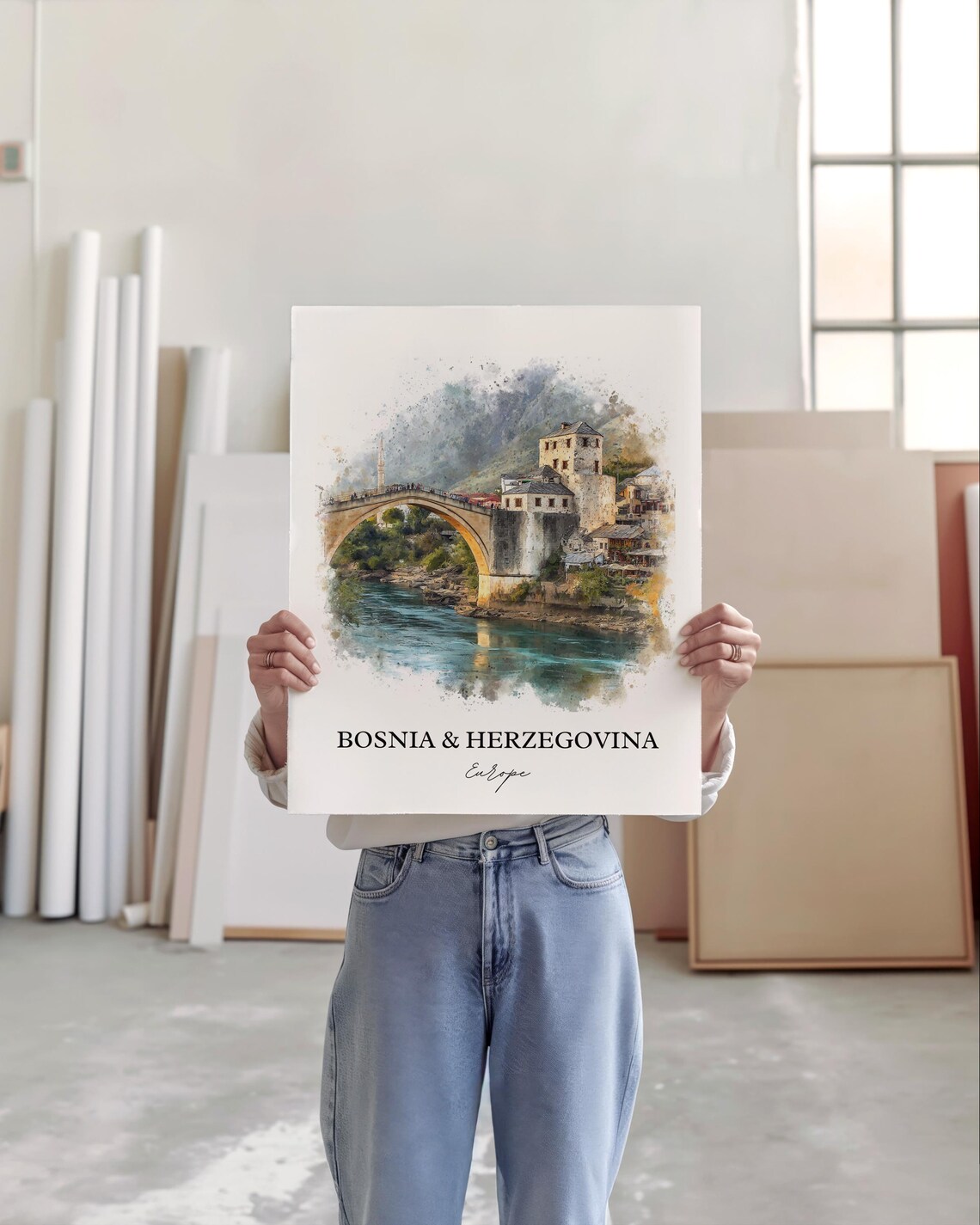 Bosnia Herzegovina Stari Most Bridge Watercolor River Landscape Poster - Image 2