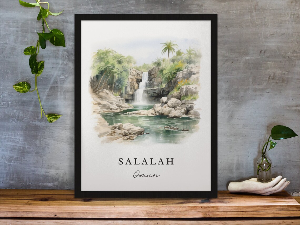 Salalah Oman Watercolor Waterfall Oasis Palm Trees Nature Poster