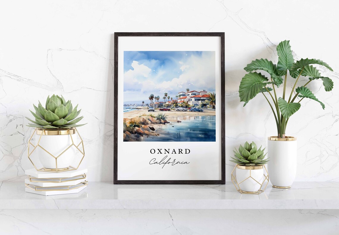 Oxnard California Watercolor Beachfront Palm Trees Travel Poster