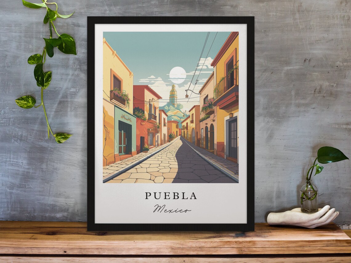 Puebla Mexico Colorful Colonial Cobblestone Street Travel Poster