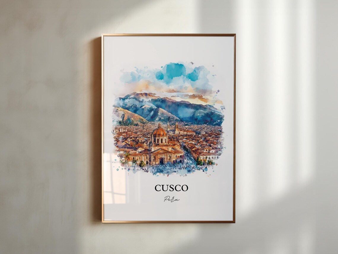 Cusco Peru Andean Watercolor Domed Church Cityscape Art Poster - Image 2