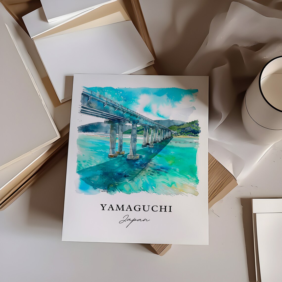 Yamaguchi Japan Bridge Over Turquoise Water Watercolor Travel Poster - Image 6