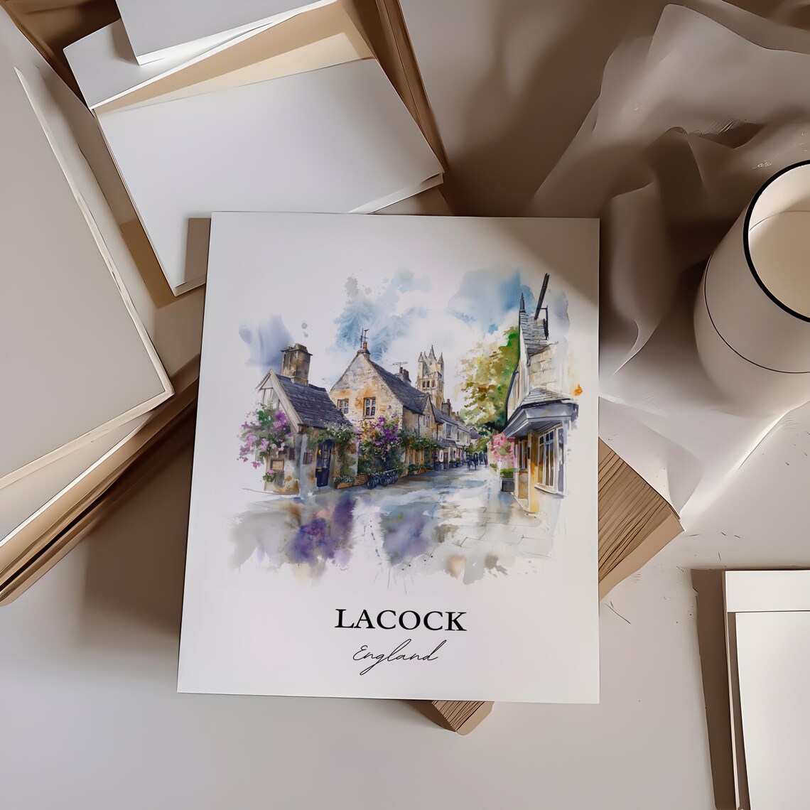 Lacock England Historic Village Street Watercolor Travel Poster - Image 2