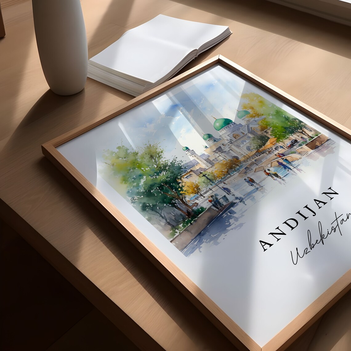Andijan Uzbekistan Watercolor Green Domed Mosque Plaza Poster - Image 6