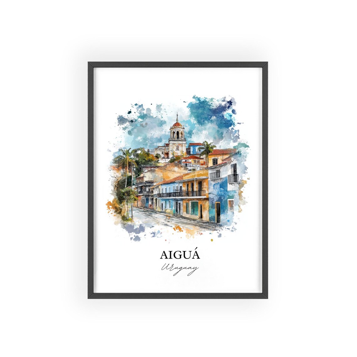 Aigua Uruguay Watercolor Colonial Street Church Tower Travel Poster - Image 2