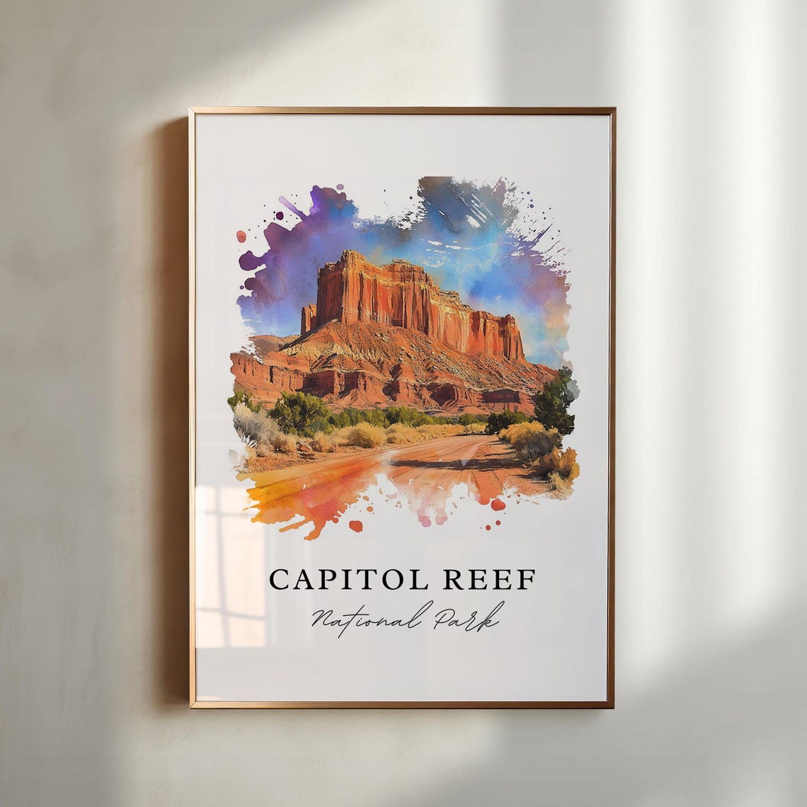 Capitol Reef National Park Red Rock Cliff Watercolor Desert Poster