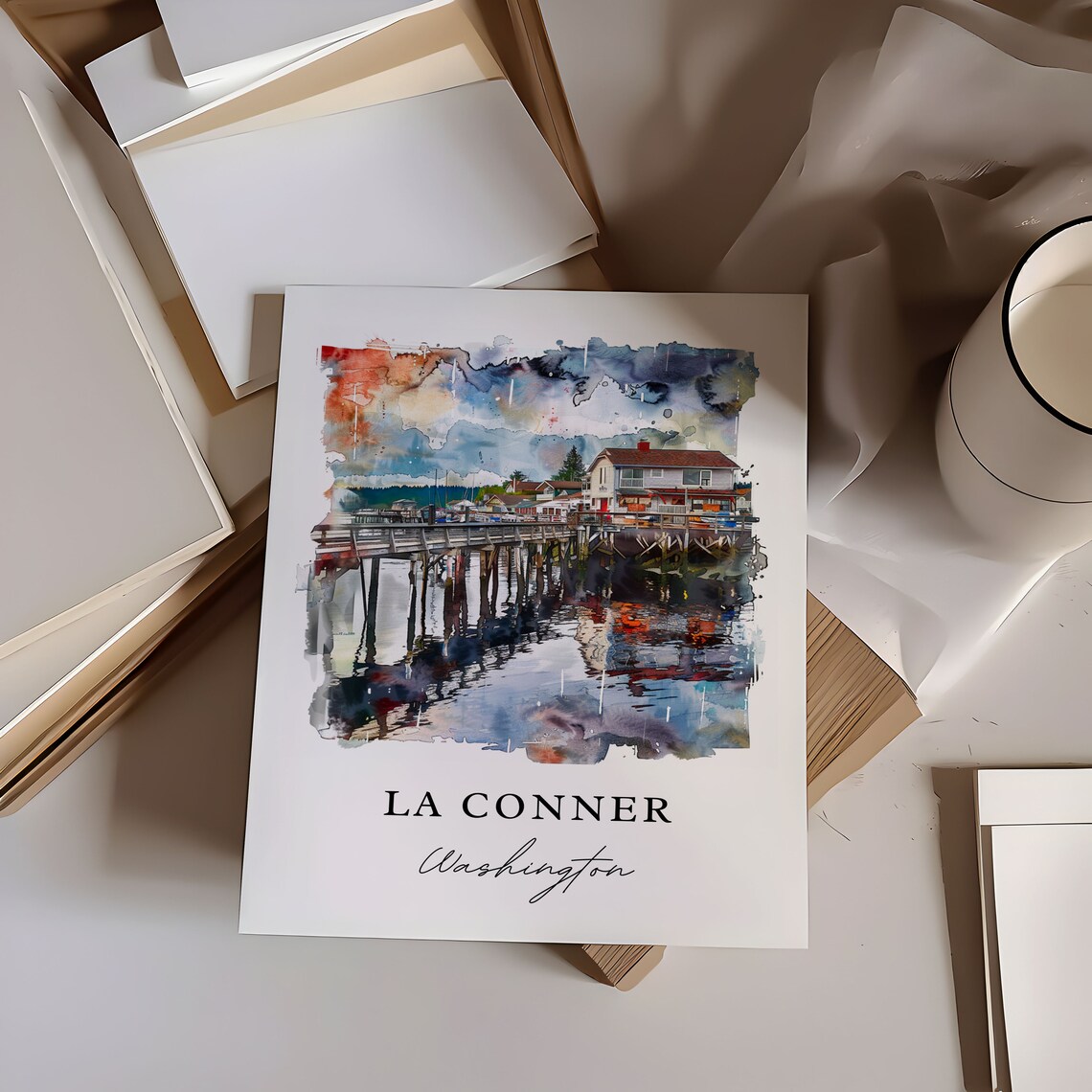 La Conner Washington Waterfront Pier Harbor Watercolor Poster - Image 6