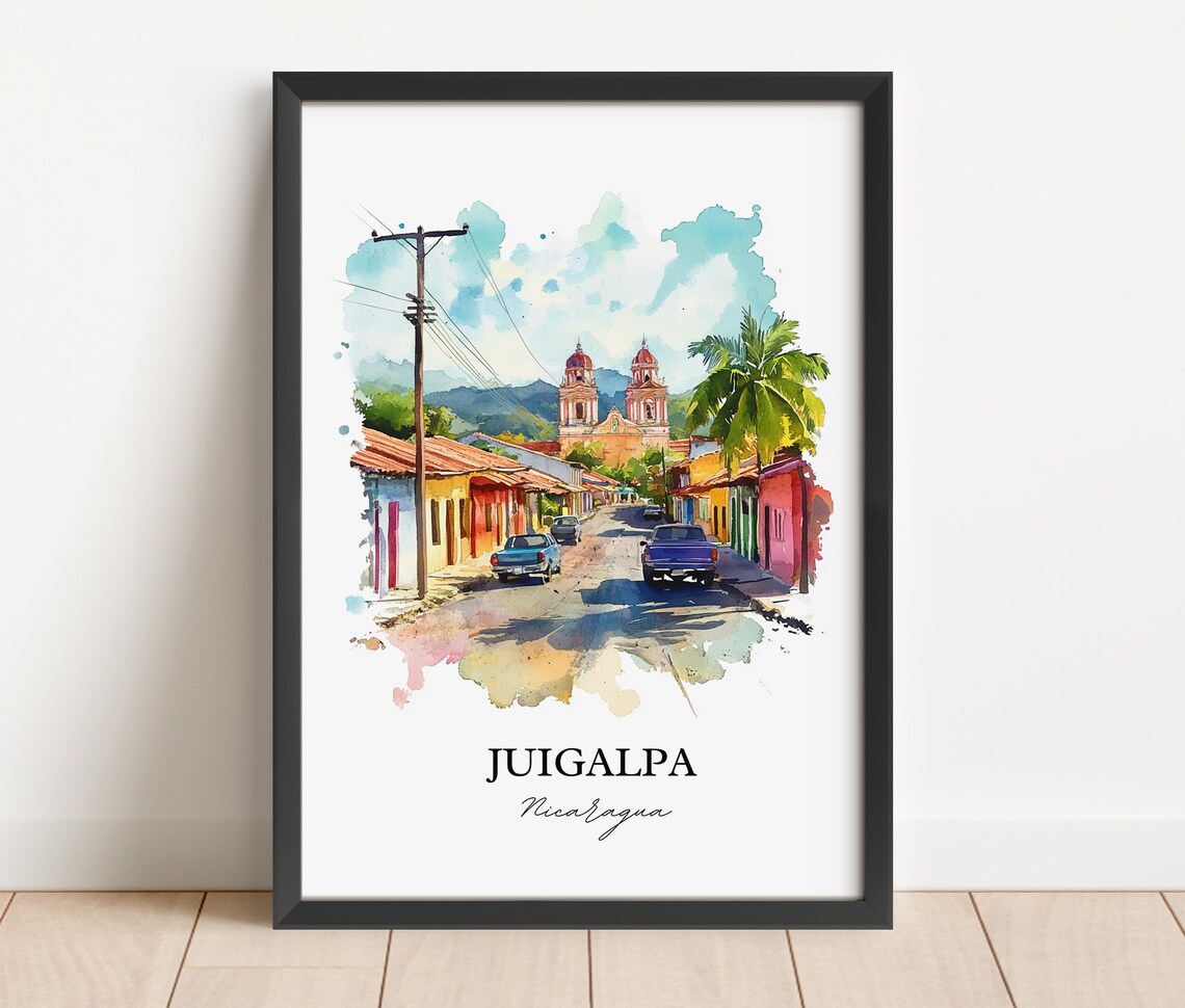 Juigalpa Nicaragua Colorful Street Twin Tower Church Watercolor Poster - Image 3