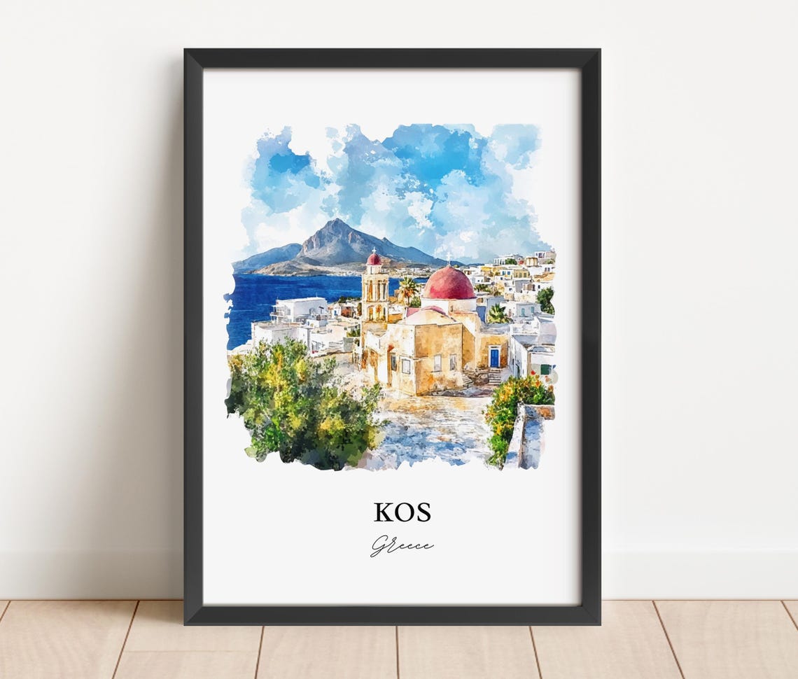 Kos Greece Island Whitewashed Town Dome Church Watercolor Poster - Image 2
