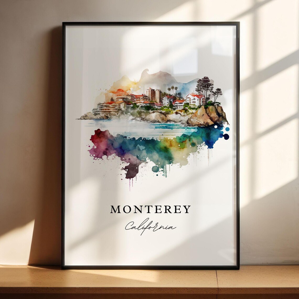 Monterey California Coastal Town Watercolor Ocean Cliff Art Poster