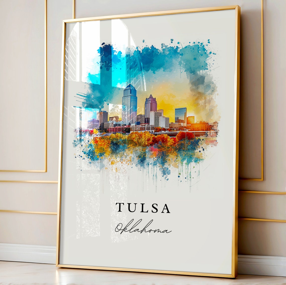 Tulsa Oklahoma Downtown Skyline Sunset Cityscape Watercolor Poster - Image 4