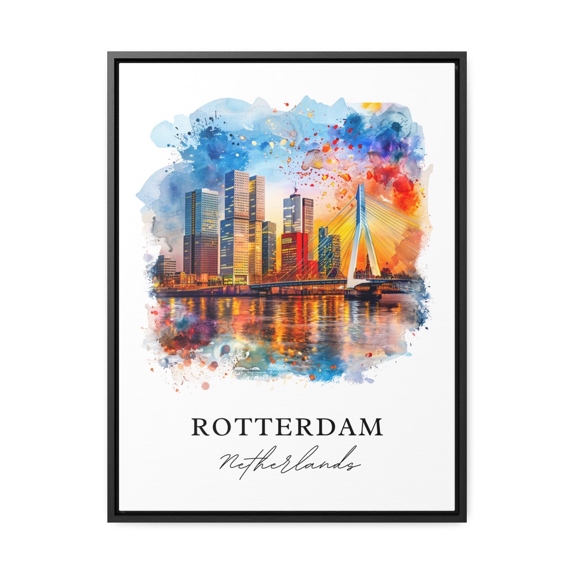 Rotterdam Netherlands Erasmus Bridge Skyline Watercolor Poster - Image 3