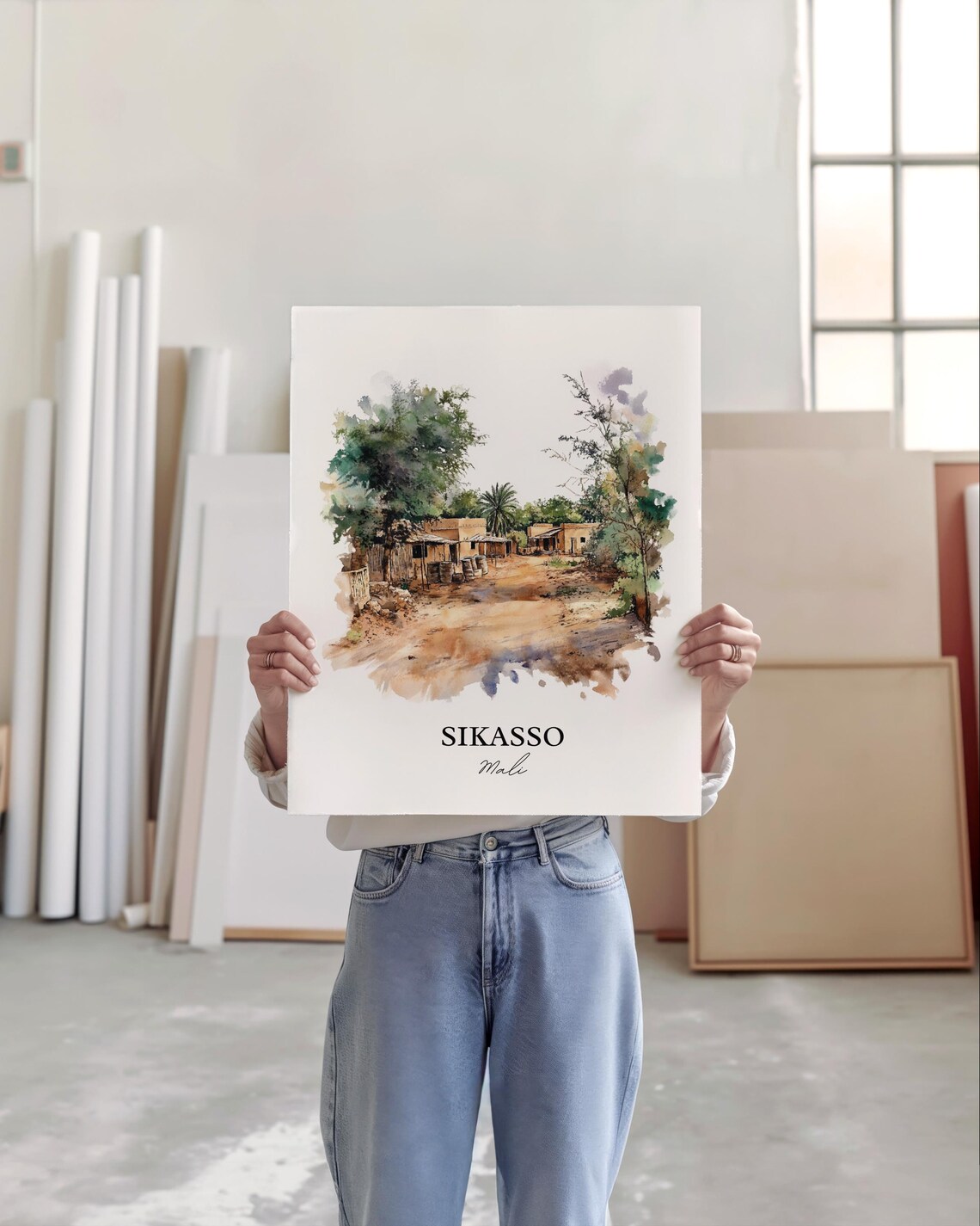 Sikasso Mali Rural Village Watercolor Street Scene Art Poster - Image 5