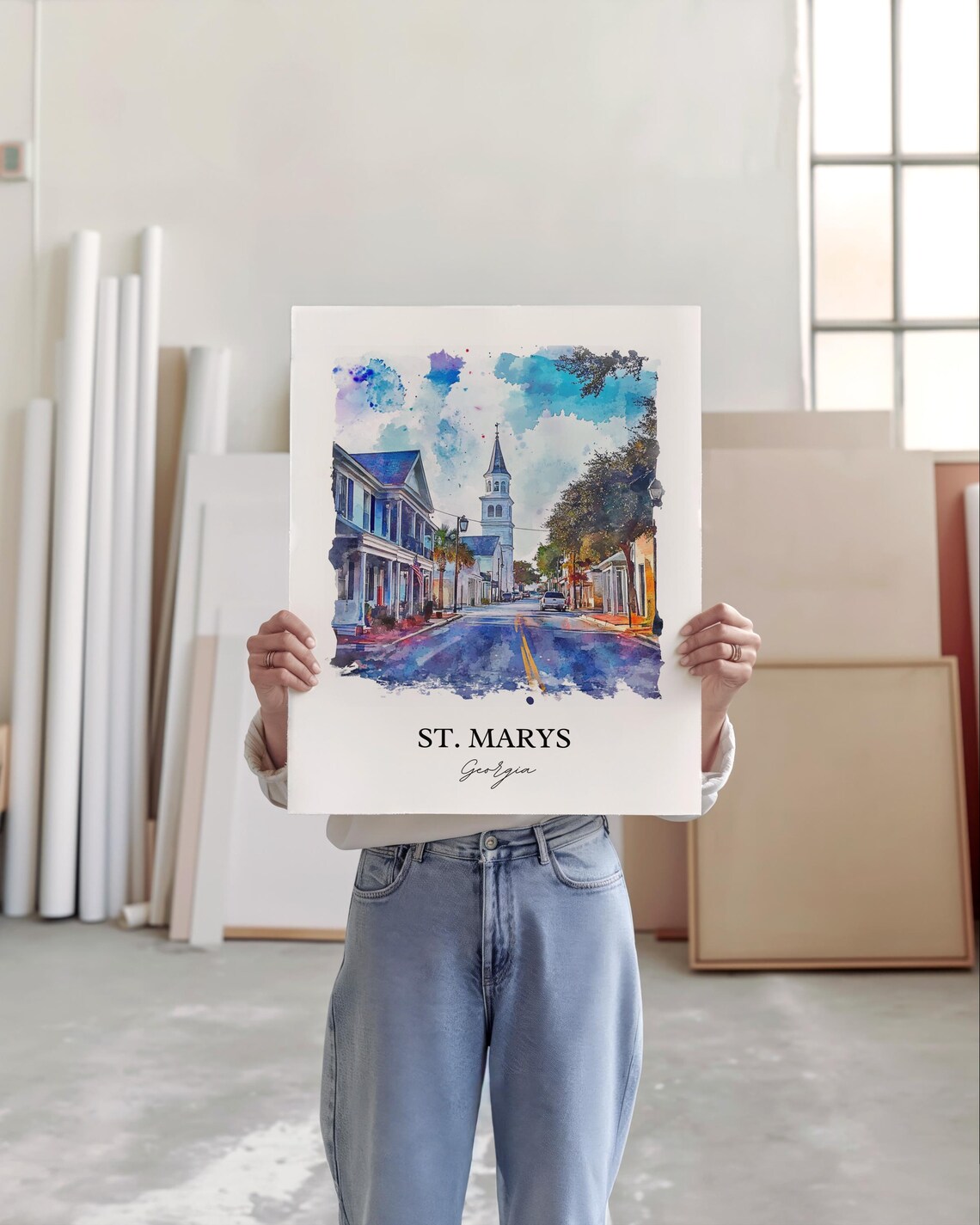 St Marys Georgia Steeple Main Street Watercolor Travel Gift Poster - Image 4