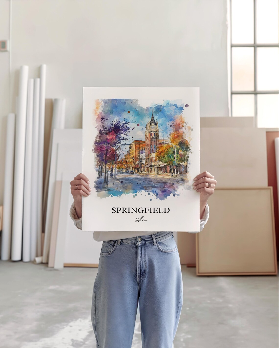 Springfield Ohio Watercolor Downtown Clock Tower Street Poster - Image 3