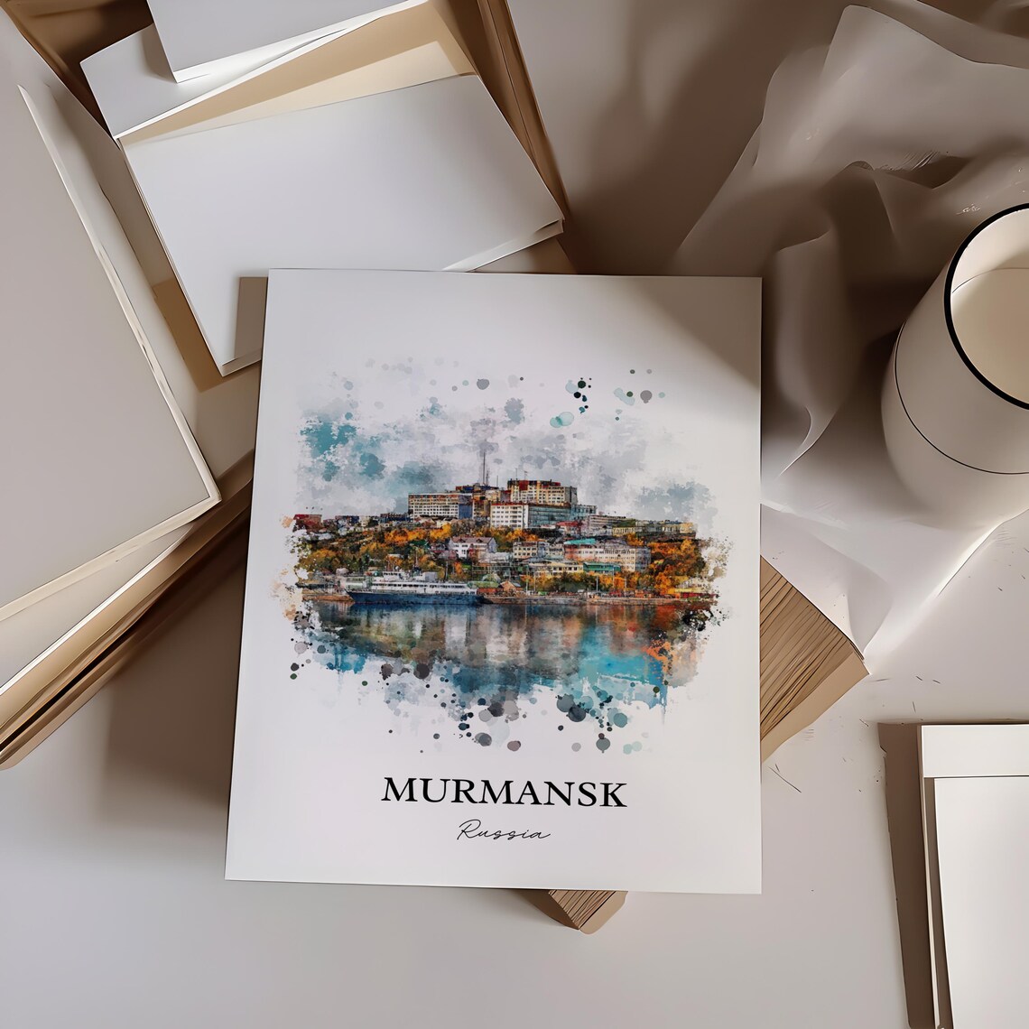 Murmansk Russia Watercolor Harbor City Arctic Scene Travel Poster - Image 3