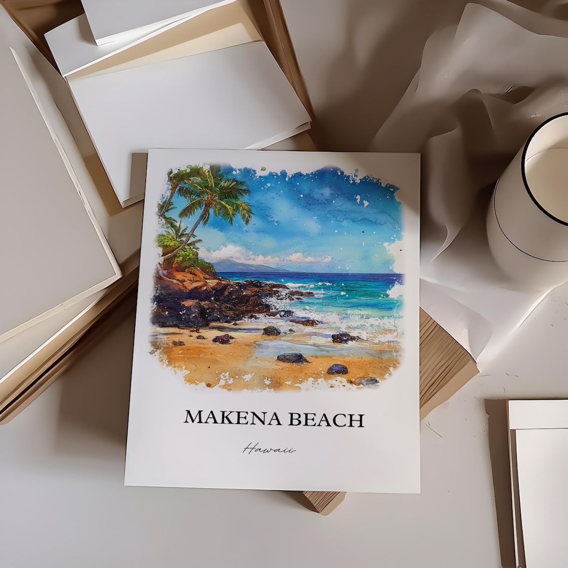 Makena Beach Hawaii Palms Lava Rocks Turquoise Waves Watercolor Poster - Image 3
