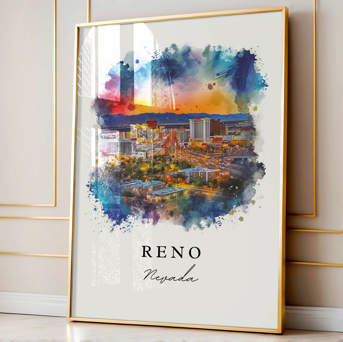Reno Nevada Sunset Downtown Skyline Watercolor Travel Poster - Image 3
