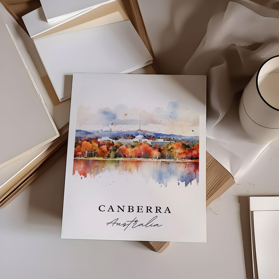 Canberra Australia Parliament House Lake Autumn Watercolor Art Poster - Image 6