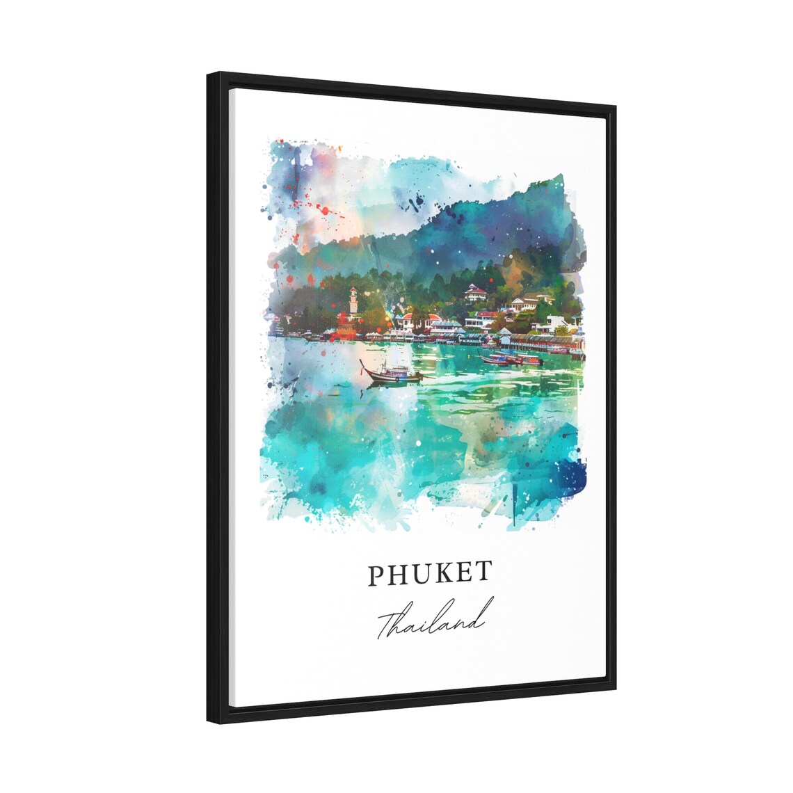 Phuket Thailand Watercolor Art Turquoise Bay Longtail Boats Poster - Image 2