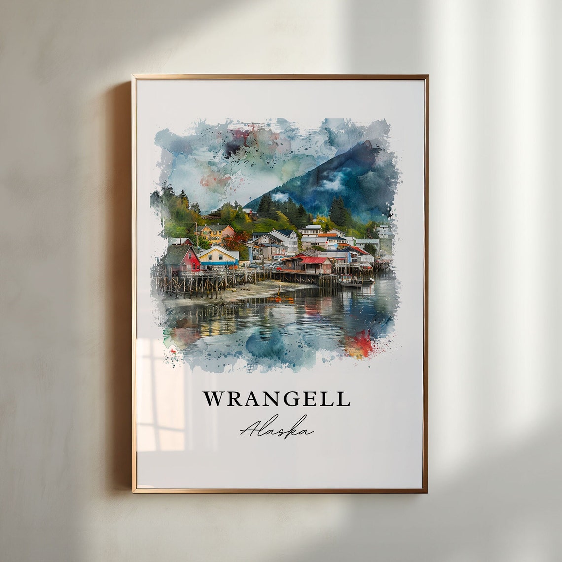 Wrangell Alaska Historic Waterfront Town Watercolor Art Print