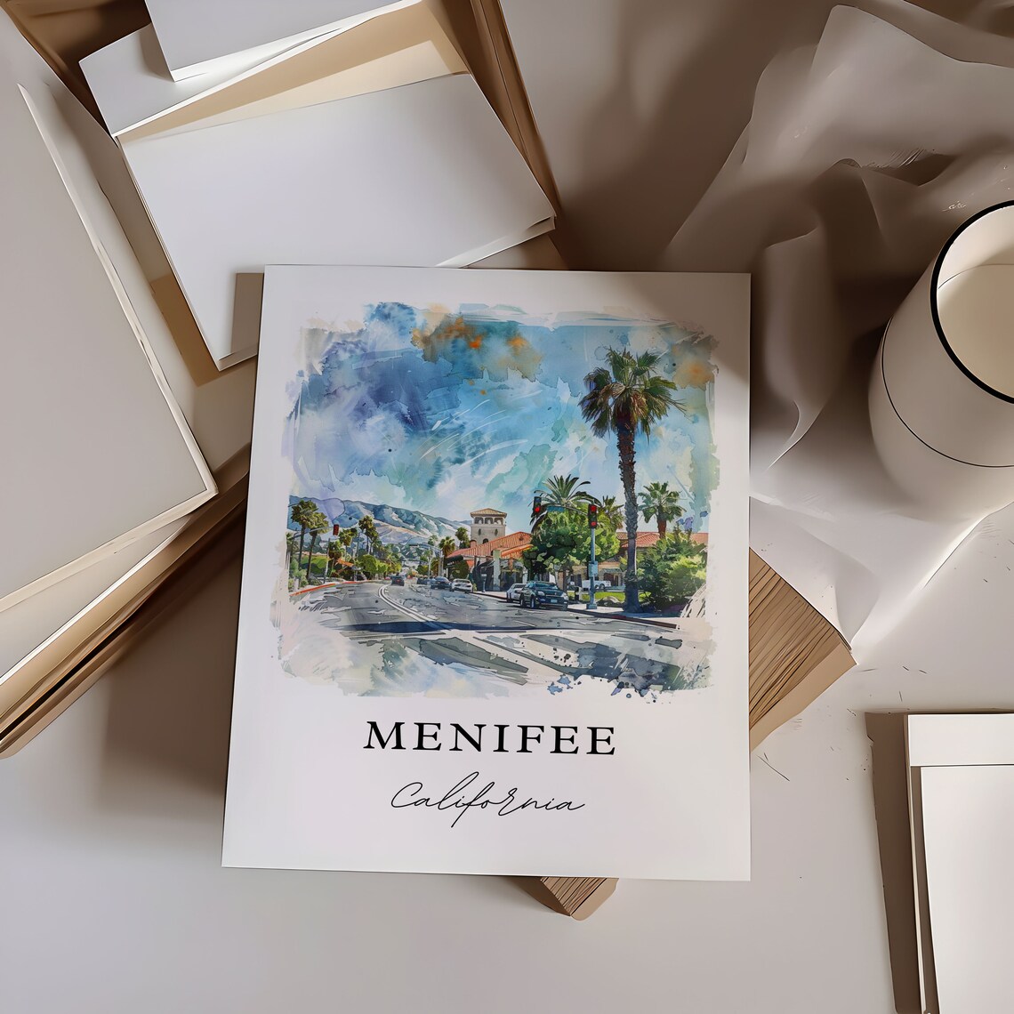 Menifee California Watercolor Palm Tree Street Bell Tower Poster - Image 6