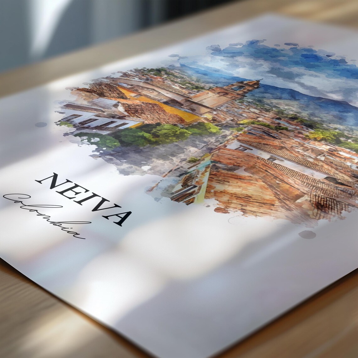 Neiva Colombia Watercolor Church Tower Rooftops Mountain Poster - Image 6