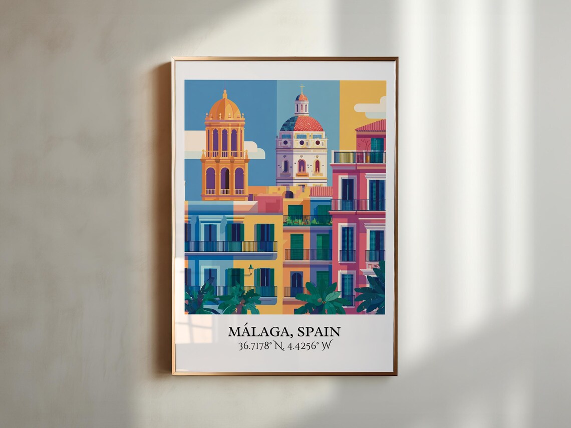 Malaga Spain Cathedral Towers Colorful Old Town Travel Poster - Image 3