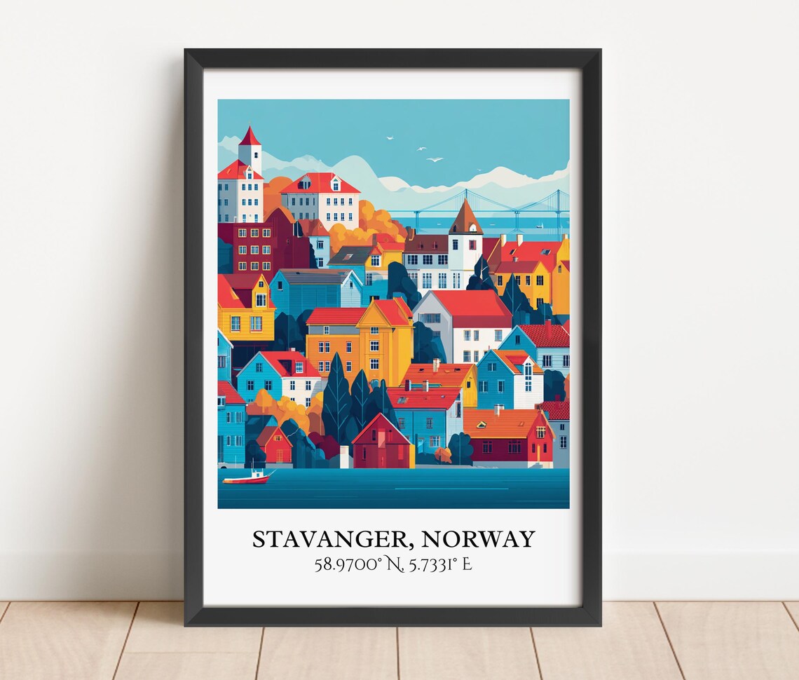 Stavanger Norway Old Town Harbor Colorful Houses Travel Poster - Image 3