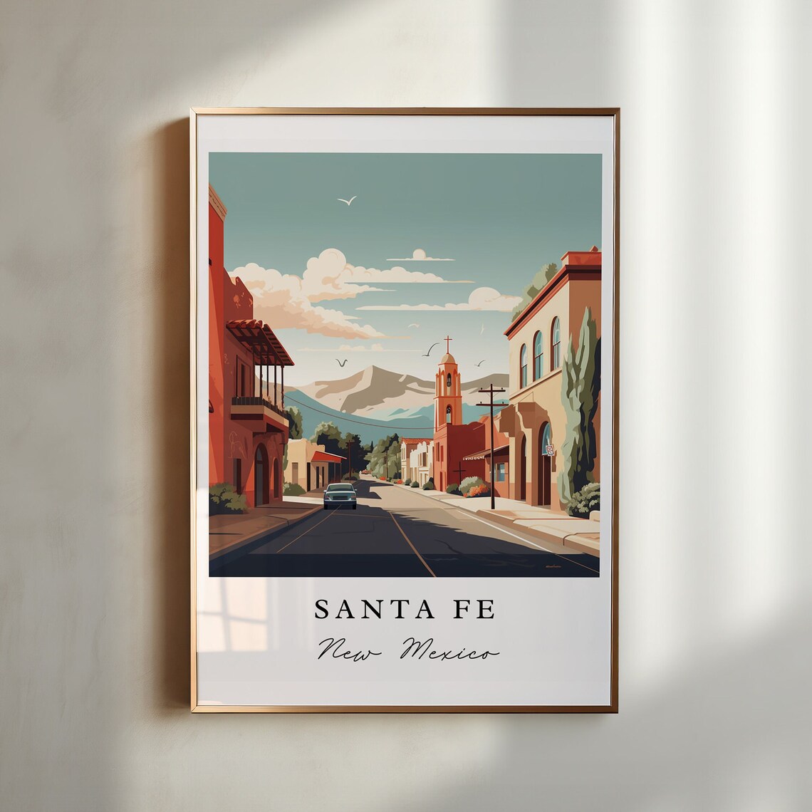 Santa Fe New Mexico Vintage Travel Street Adobe Church Tower Poster