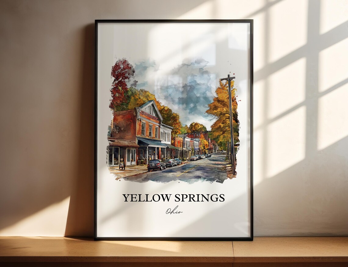 Yellow Springs Ohio Downtown Fall Colors Watercolor Travel Poster