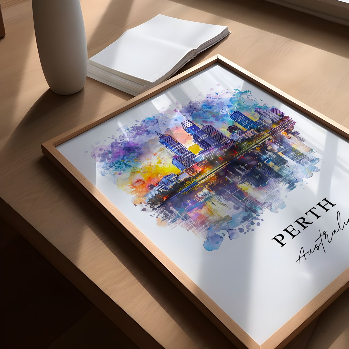 Perth Australia City Skyline Sunset Watercolor Splash Art Poster - Image 4