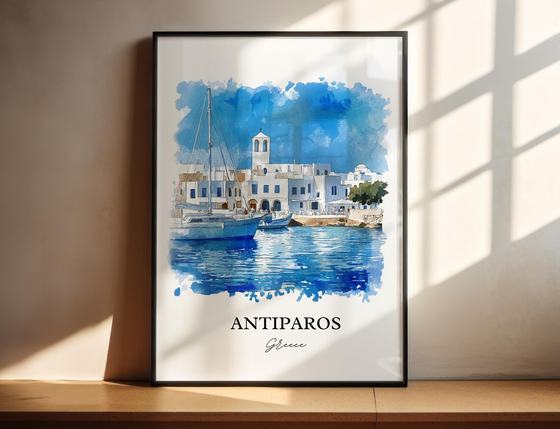 Antiparos Greece Cycladic Harbor Sailboats Watercolor Travel Poster
