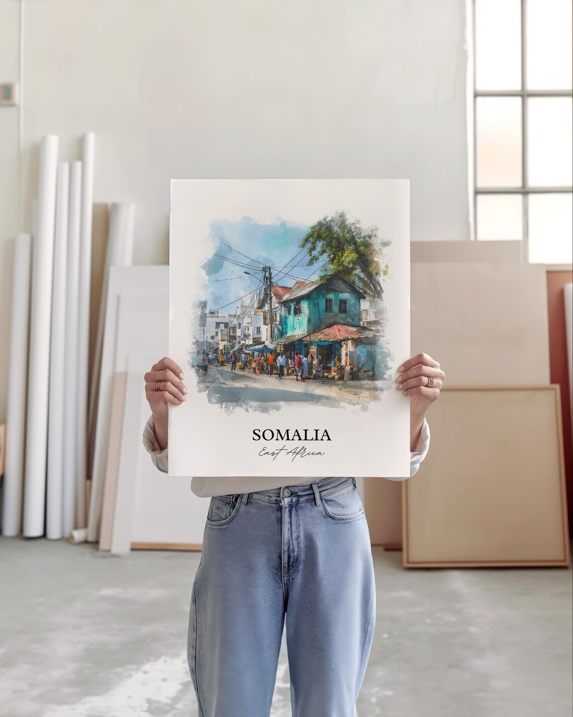 Somalia East Africa Market Street Scene Watercolor Travel Poster - Image 5
