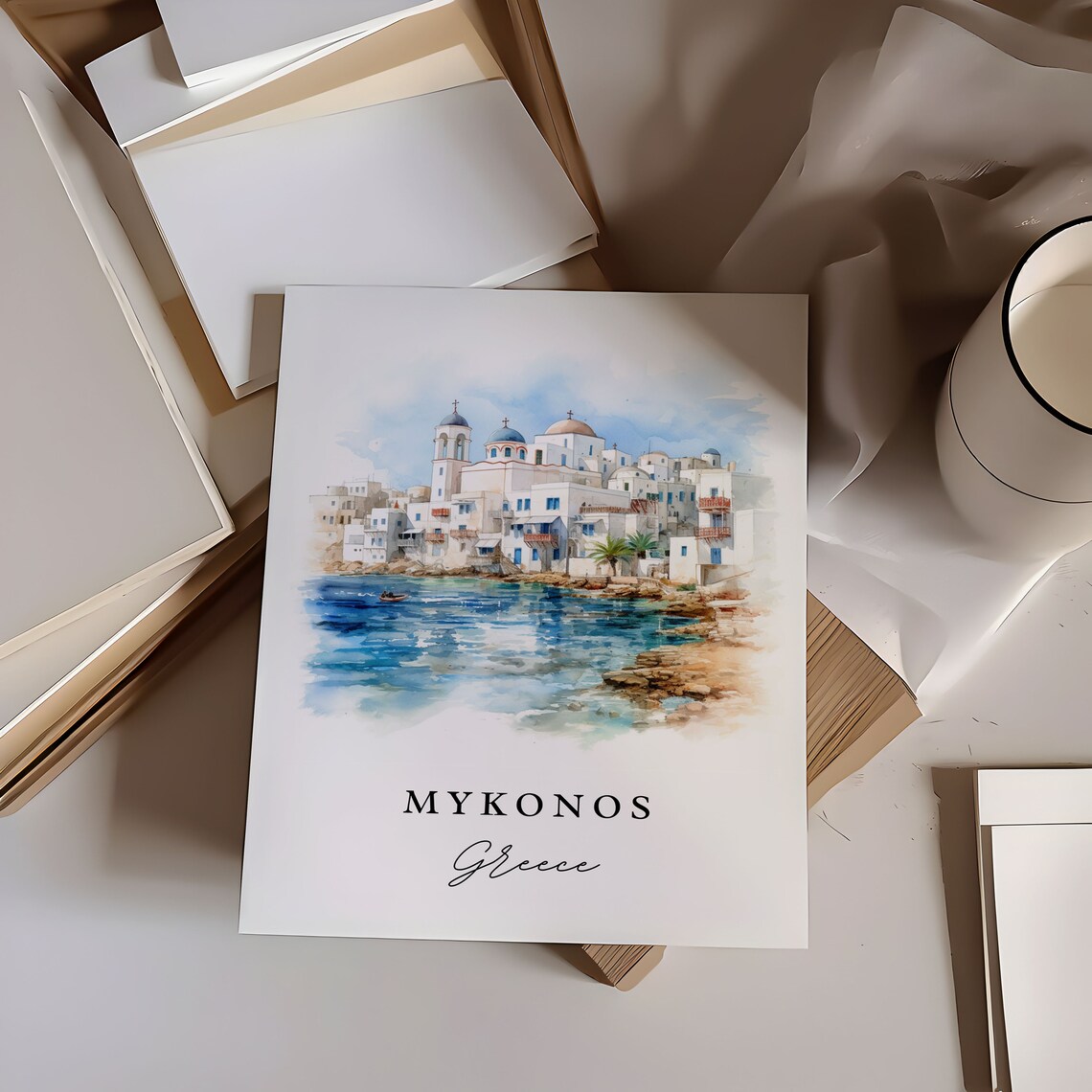 Mykonos Greece Whitewashed Town Blue Domes Watercolor Poster - Image 6