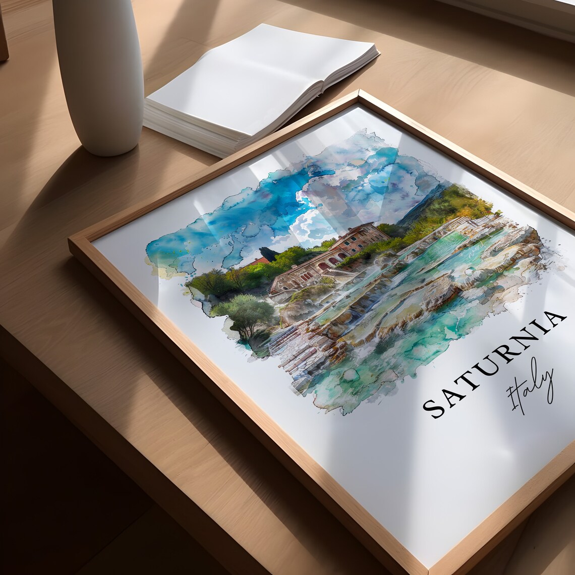 Saturnia Italy Watercolor Thermal Springs Travertine Pools Poster - Image 5