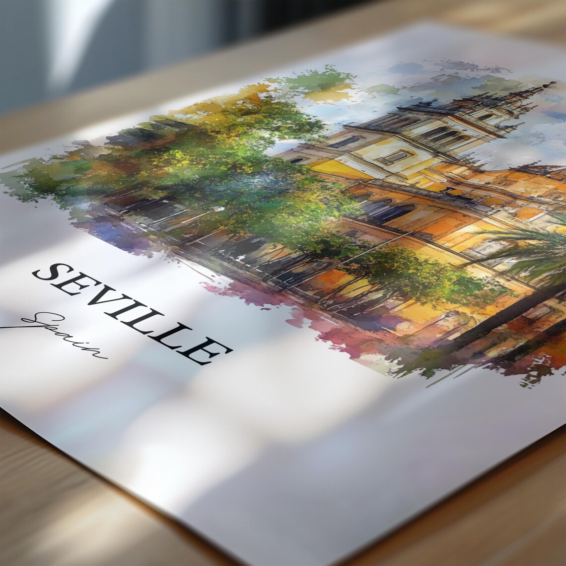 Seville Spain Cathedral Palms Square Watercolor Travel Poster - Image 6