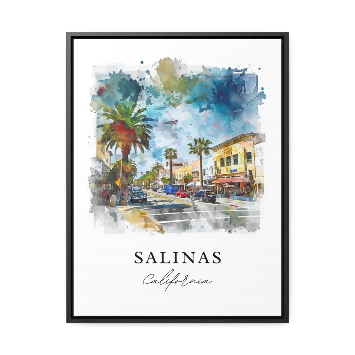 Salinas California Charming Palm Lined Street Watercolor Poster - Image 2