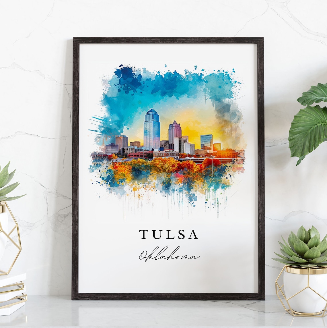 Tulsa Oklahoma Downtown Skyline Sunset Cityscape Watercolor Poster - Image 3