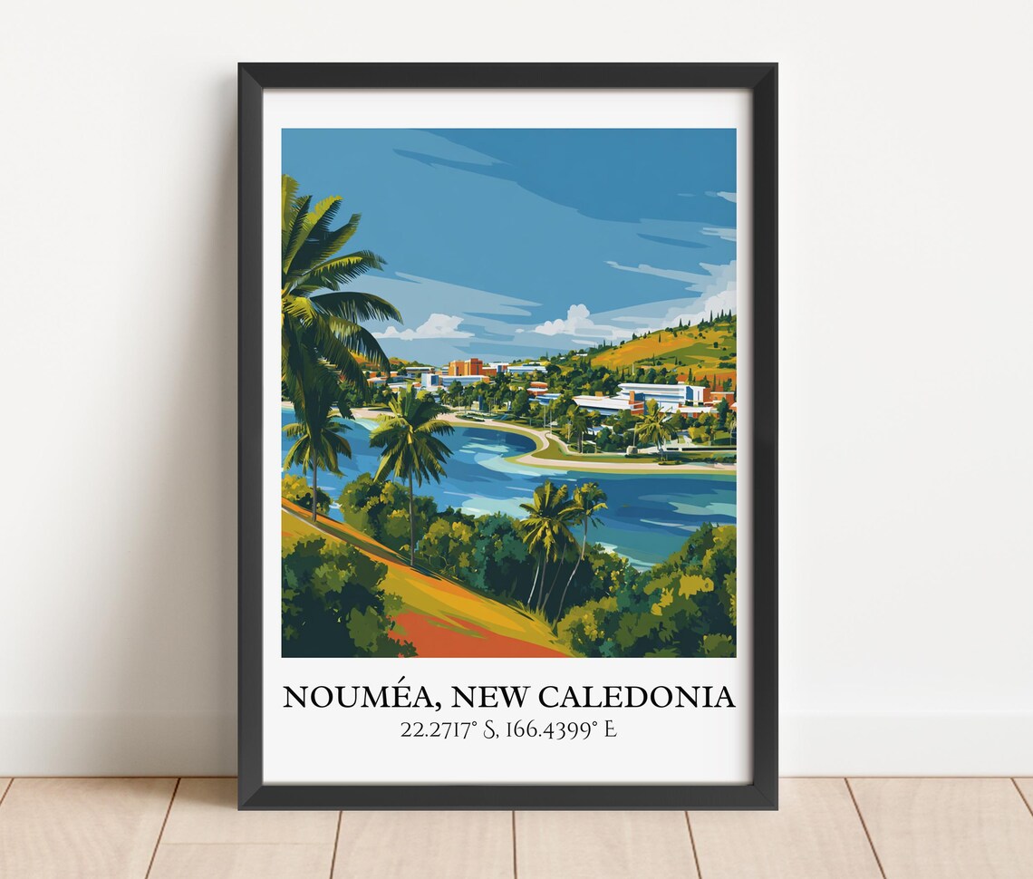 Noumea New Caledonia Palm Bay Tropical Coast Retro Travel Poster - Image 5