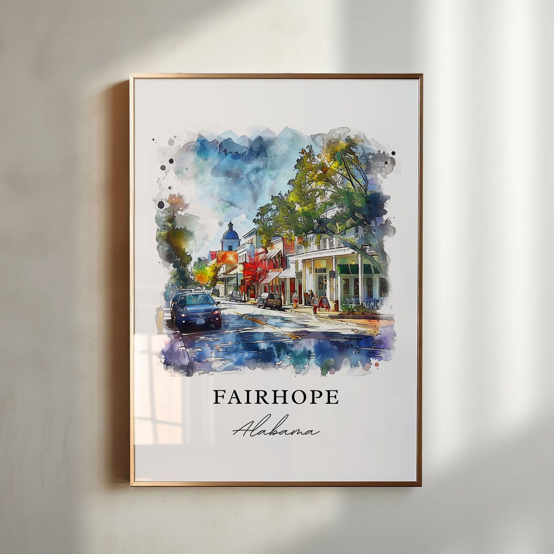 Fairhope Alabama Downtown Street Storefronts Watercolor Travel Poster