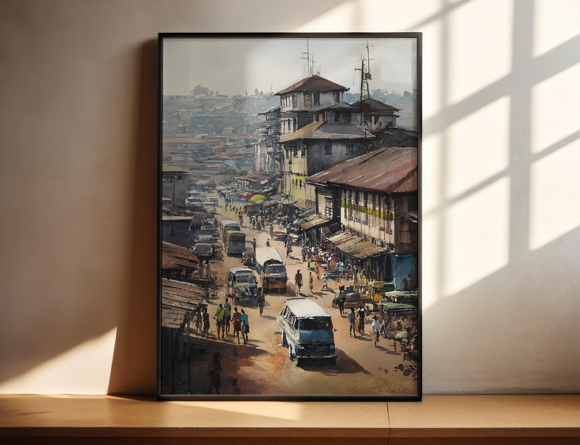 Kumasi Ghana Bustling Market Street Watercolor City Art Poster