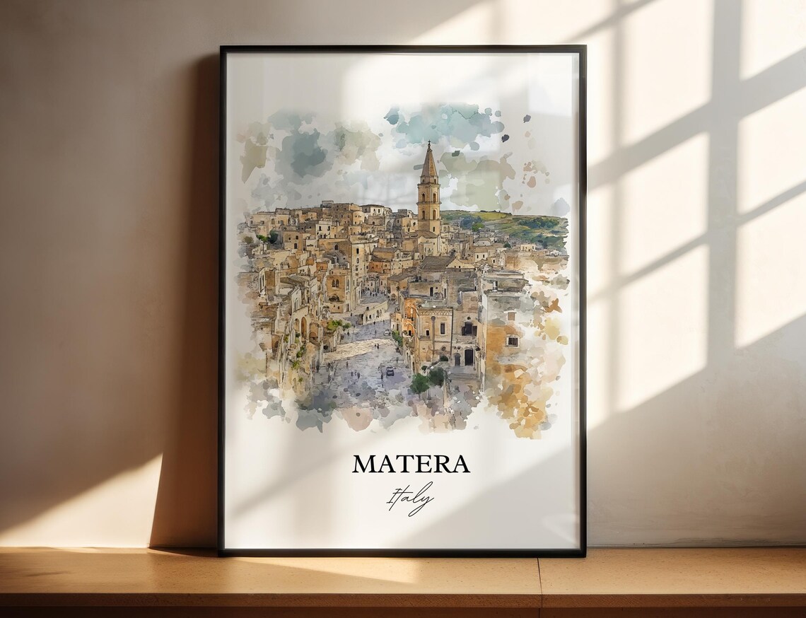 Matera Italy Ancient Stone City Sassi Watercolor Travel Poster